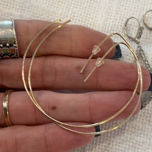 💐5/25 large round thin gold tone hoops diamond shaped dangle drop lever back - Picture 3 of 7